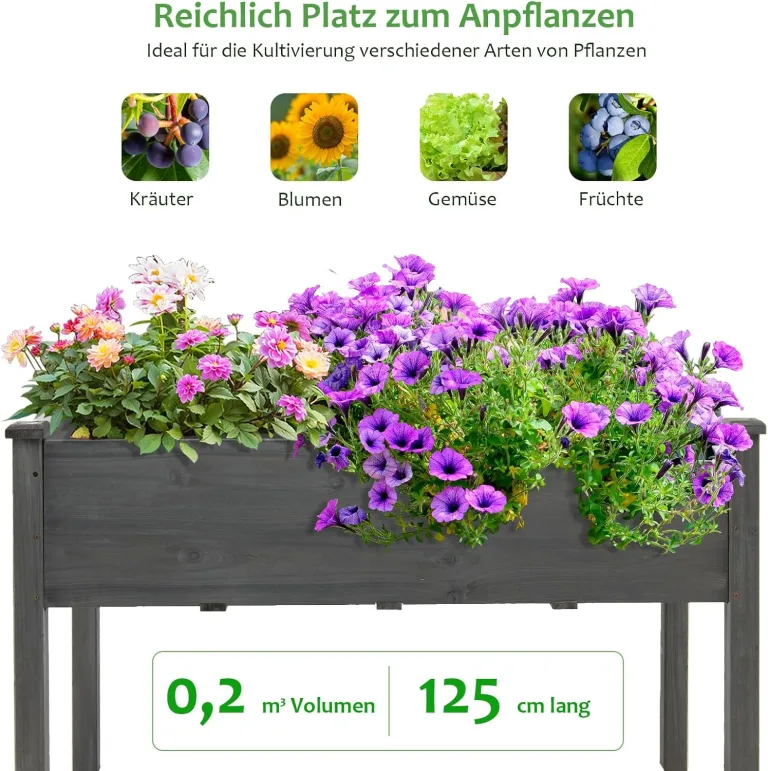COSTWAY Hochbeet Holz, Anzuchtbeet groß, Frühbeet Pflanzkübel Pflanzkasten, Blumenkübel Kräuterbeet Pflanztrog, Pflanzbeet im Garten Balkon außen, 125 x 59 x 76 cm (Grau) – Bild 4