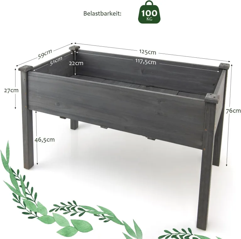 COSTWAY Hochbeet Holz, Anzuchtbeet groß, Frühbeet Pflanzkübel Pflanzkasten, Blumenkübel Kräuterbeet Pflanztrog, Pflanzbeet im Garten Balkon außen, 125 x 59 x 76 cm (Grau) – Bild 7