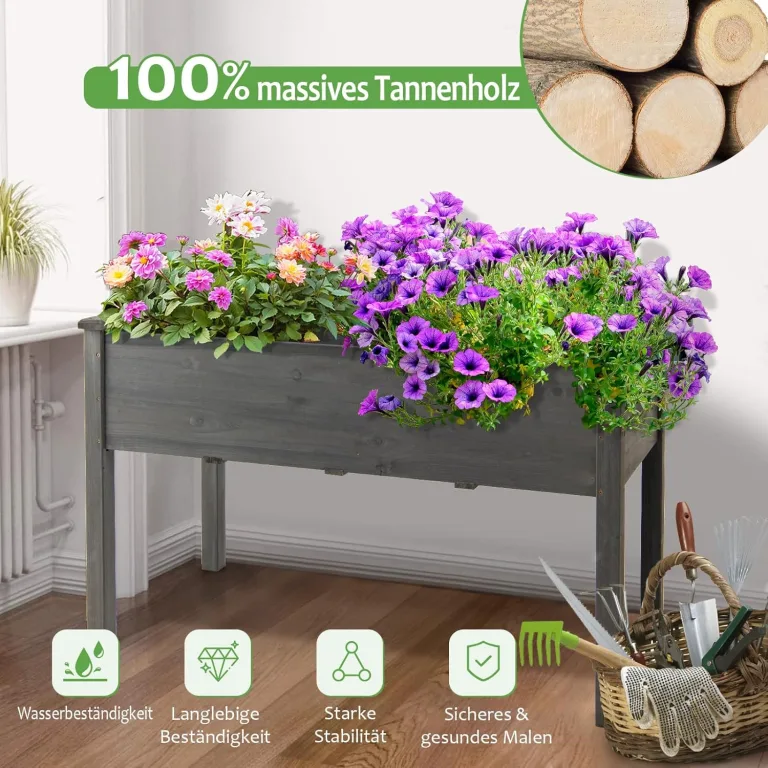 COSTWAY Hochbeet Holz, Anzuchtbeet groß, Frühbeet Pflanzkübel Pflanzkasten, Blumenkübel Kräuterbeet Pflanztrog, Pflanzbeet im Garten Balkon außen, 125 x 59 x 76 cm (Grau) – Bild 3