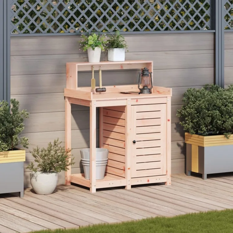 Pflanzbank für den Außenbereich, Pflanztisch aus Holz mit Ablage und Aufbewahrungsschrank, Gartenpflanztisch, Arbeitsstation für Garten, Terrasse, Gewächshaus, 82,5 x 50 x 109,5 cm, Hellbraun – Bild 1