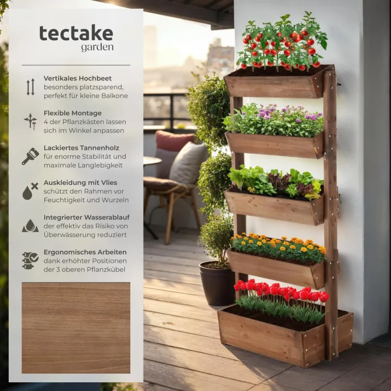 tectake® Vertikalbeet mit 5 Etagen, Hochbeet aus Holz, Pflanztreppe, Hochbeet Balkon, Blumenbeet, Kräuterbeet, Gemüsebeet, Pflanzenregal, Blumenkasten Holz mit Pflanzvlies - braun, 81 x 52 x 180 cm – Bild 2