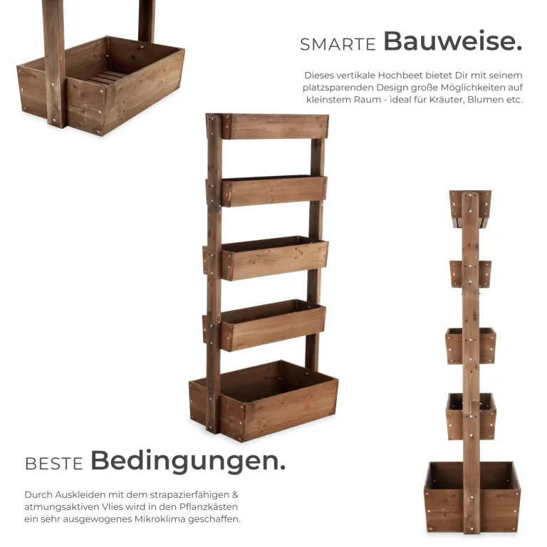 tectake® Vertikalbeet mit 5 Etagen, Hochbeet aus Holz, Pflanztreppe, Hochbeet Balkon, Blumenbeet, Kräuterbeet, Gemüsebeet, Pflanzenregal, Blumenkasten Holz mit Pflanzvlies - braun, 81 x 52 x 180 cm – Bild 3