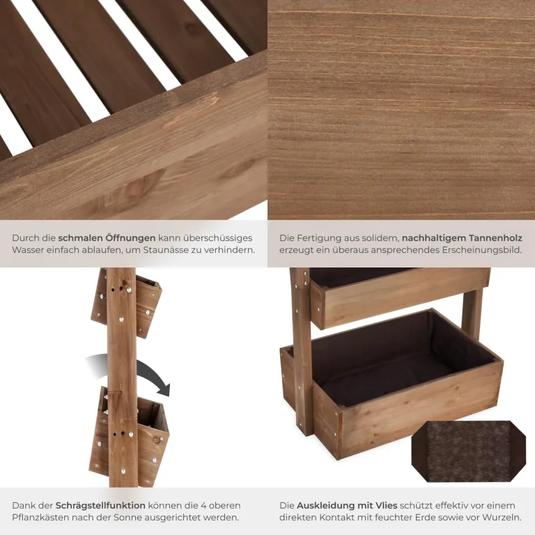 tectake® Vertikalbeet mit 5 Etagen, Hochbeet aus Holz, Pflanztreppe, Hochbeet Balkon, Blumenbeet, Kräuterbeet, Gemüsebeet, Pflanzenregal, Blumenkasten Holz mit Pflanzvlies - braun, 81 x 52 x 180 cm – Bild 4