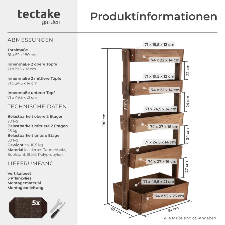 tectake® Vertikalbeet mit 5 Etagen, Hochbeet aus Holz, Pflanztreppe, Hochbeet Balkon, Blumenbeet, Kräuterbeet, Gemüsebeet, Pflanzenregal, Blumenkasten Holz mit Pflanzvlies - braun, 81 x 52 x 180 cm – Bild 6
