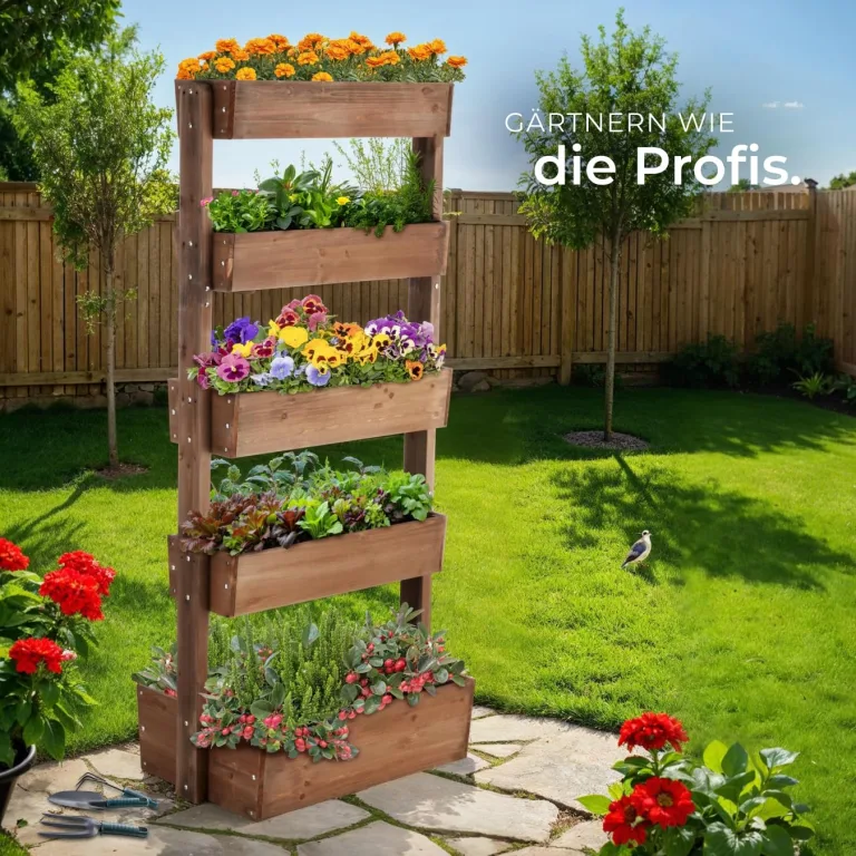 tectake® Vertikalbeet mit 5 Etagen, Hochbeet aus Holz, Pflanztreppe, Hochbeet Balkon, Blumenbeet, Kräuterbeet, Gemüsebeet, Pflanzenregal, Blumenkasten Holz mit Pflanzvlies - braun, 81 x 52 x 180 cm – Bild 8