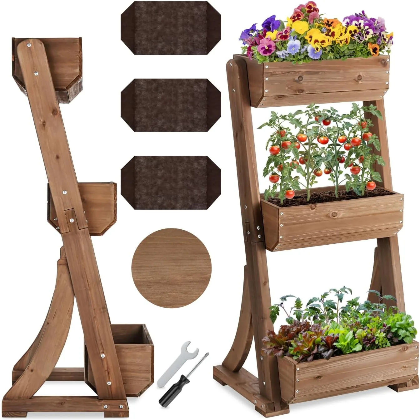 tectake® Vertikalbeet mit 3 Etagen, Hochbeet aus Holz, Pflanztreppe, Hochbeet Balkon, Blumenbeet, Kräuterbeet, Gemüsebeet, Pflanzenregal, Blumenkasten Holz mit Pflanzvlies - braun, 60 x 49 x 140 cm - Bild 1