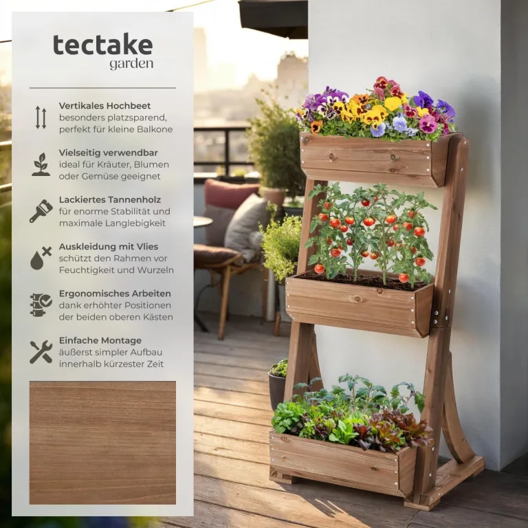 tectake® Vertikalbeet mit 3 Etagen, Hochbeet aus Holz, Pflanztreppe, Hochbeet Balkon, Blumenbeet, Kräuterbeet, Gemüsebeet, Pflanzenregal, Blumenkasten Holz mit Pflanzvlies - braun, 60 x 49 x 140 cm – Bild 3