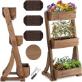 tectake® Vertikalbeet mit 3 Etagen, Hochbeet aus Holz, Pflanztreppe, Hochbeet Balkon, Blumenbeet, Kräuterbeet, Gemüsebeet, Pflanzenregal, Blumenkasten Holz mit Pflanzvlies - braun, 60 x 49 x 140 cm - Thumbnail 2