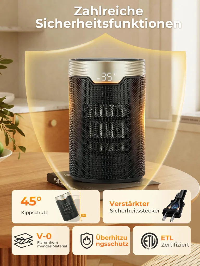 Heizlüfter Energiesparend, 24 Std Timer 32 dB Leiser 1500W PTC Keramik Elektrischer Heizlüfter mit Thermostat, Überhitzungs- & Kippschutz, Elektroheizung für Räume Schlafzimmer, ECO-Modus, Glod – Bild 3