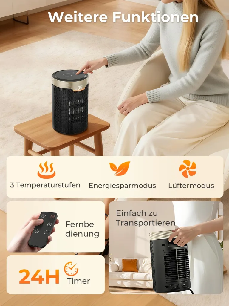 Heizlüfter Energiesparend, 24 Std Timer 32 dB Leiser 1500W PTC Keramik Elektrischer Heizlüfter mit Thermostat, Überhitzungs- & Kippschutz, Elektroheizung für Räume Schlafzimmer, ECO-Modus, Glod – Bild 6