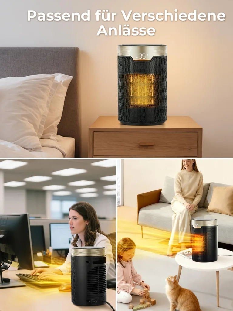 Heizlüfter Energiesparend, 24 Std Timer 32 dB Leiser 1500W PTC Keramik Elektrischer Heizlüfter mit Thermostat, Überhitzungs- & Kippschutz, Elektroheizung für Räume Schlafzimmer, ECO-Modus, Glod – Bild 7