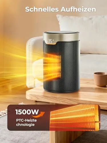 Heizlüfter Energiesparend, 24 Std Timer 32 dB Leiser 1500W PTC Keramik Elektrischer Heizlüfter mit Thermostat, Überhitzungs- & Kippschutz, Elektroheizung für Räume Schlafzimmer, ECO-Modus, Glod – Bild 10