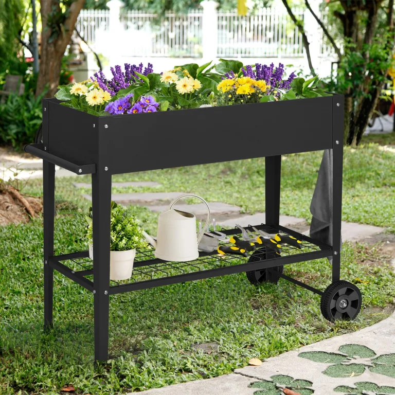COSTWAY Hochbeet Metall, Erhöhtes Gartenbeet mit 2 Rollen & Ablage, Pflanzkasten mit Haken & Griff, Kräuterbeet Gemüsebeet groß, für Balkon Garten Terrasse, 95 x 40 x 80 cm (Schwarz) – Bild 2