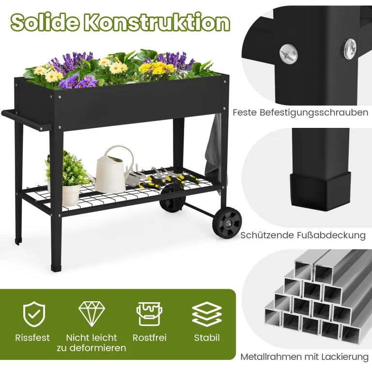 COSTWAY Hochbeet Metall, Erhöhtes Gartenbeet mit 2 Rollen & Ablage, Pflanzkasten mit Haken & Griff, Kräuterbeet Gemüsebeet groß, für Balkon Garten Terrasse, 95 x 40 x 80 cm (Schwarz) – Bild 4