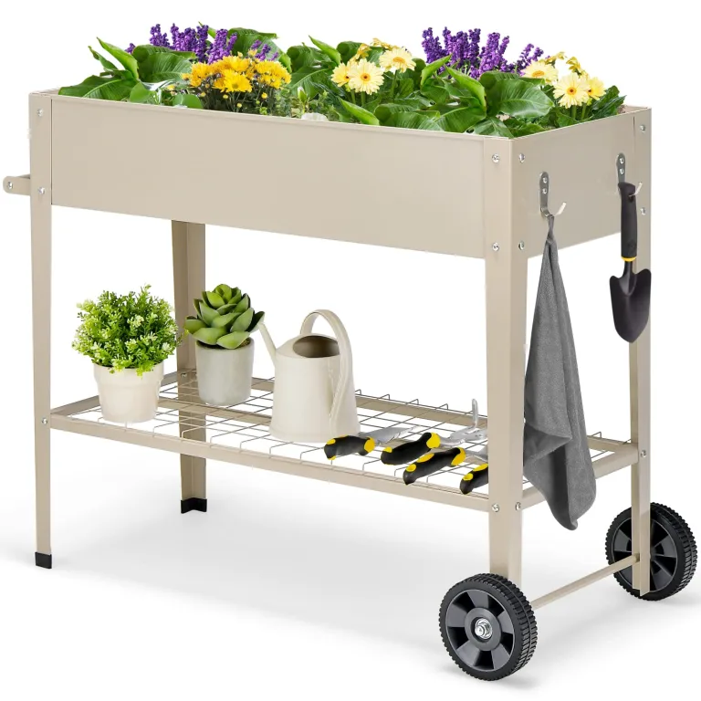 COSTWAY Hochbeet Metall, Erhöhtes Gartenbeet mit 2 Rollen & Ablage, Pflanzkasten mit Haken & Griff, Kräuterbeet Gemüsebeet groß, für Balkon Garten Terrasse, 95 x 40 x 80 cm (Schwarz) – Bild 10