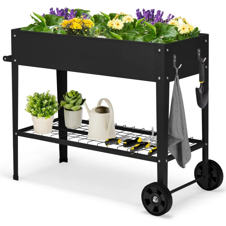 COSTWAY Hochbeet Metall, Erhöhtes Gartenbeet mit 2 Rollen & Ablage, Pflanzkasten mit Haken & Griff, Kräuterbeet Gemüsebeet groß, für Balkon Garten Terrasse, 95 x 40 x 80 cm (Schwarz) – Bild 1