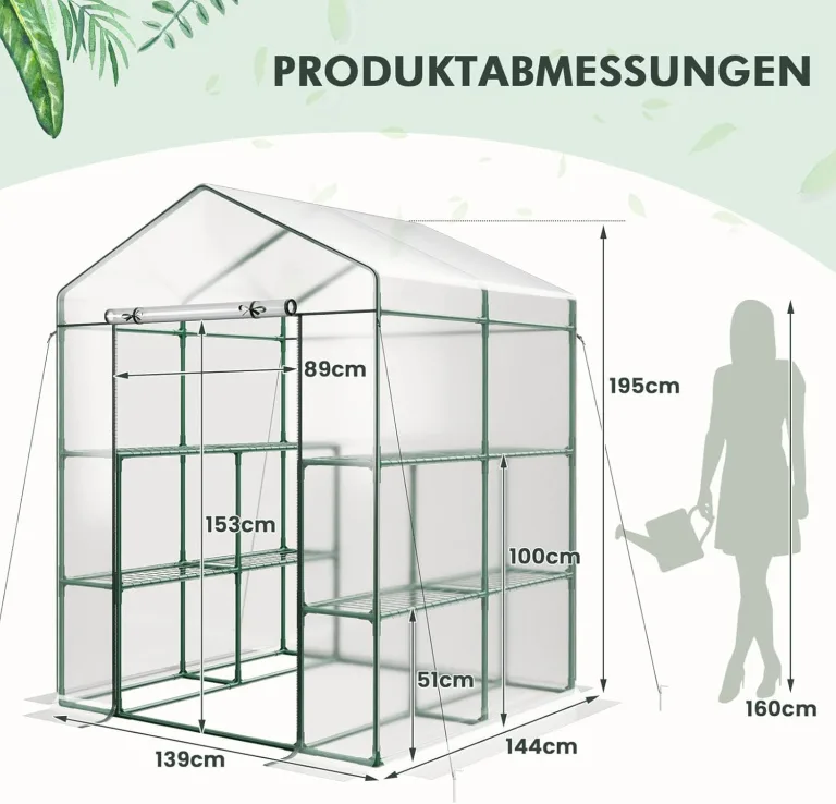 COSTWAY Gewächshaus, begehbares Foliengewächshaus mit 8 Regalen, Tomatenhaus mit PVC-Abdeckung & robustem Metallrahmen, Tomatengewächshaus für Tomaten, Gemüse, Pflanzen, 139 x 144 x 195 cm – Bild 6