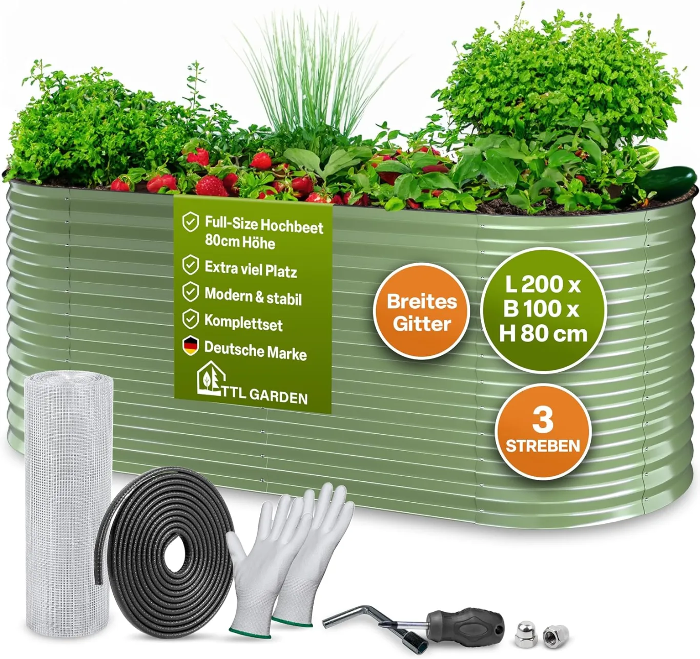 TTL GARDEN 200x100x80cm Inspire L Salbei Metall Hochbeet - Stahl rostfrei verzinkt & grün lackiert Wellblech sehr stabil Garten Beet Form oval für Gemüse Kräuter Blumen Gartenbeet Gemüsebeet - Bild 1