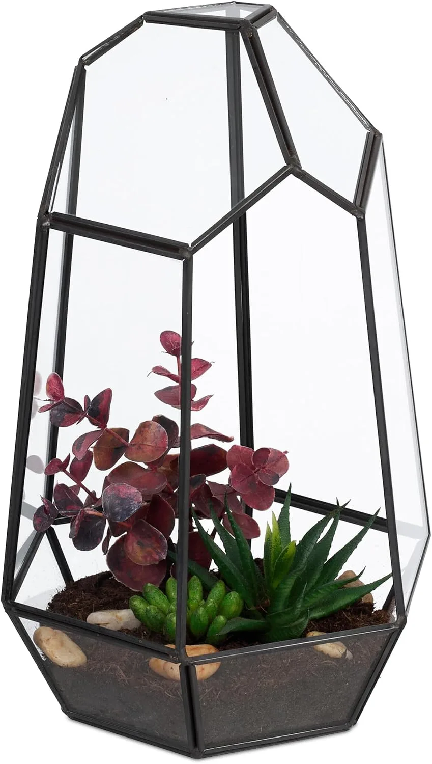 Relaxdays Pflanzenterrarium, Glas & Zinn, Deko Glashaus für Kakteen & Moos, offener Glaskasten für Fensterbank, schwarz - Bild 1