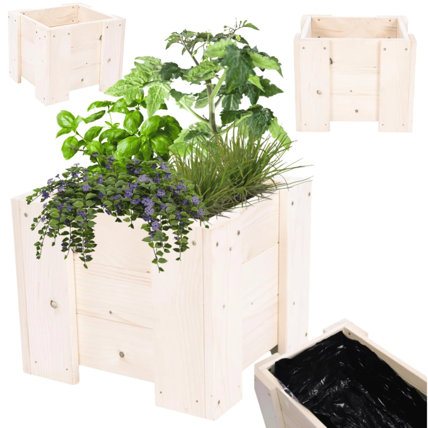 Pflanzkübel aus Holz, Hochbeet mit Schutzfolie, Kiefernholz Pflanzkasten Blumenkasten für Outdoor Garten Terrasse Balkon, Natürlich, Stabil & Dekorativ, 30x30x33 cm Farbe: Natur unbehandelt - Bild 1