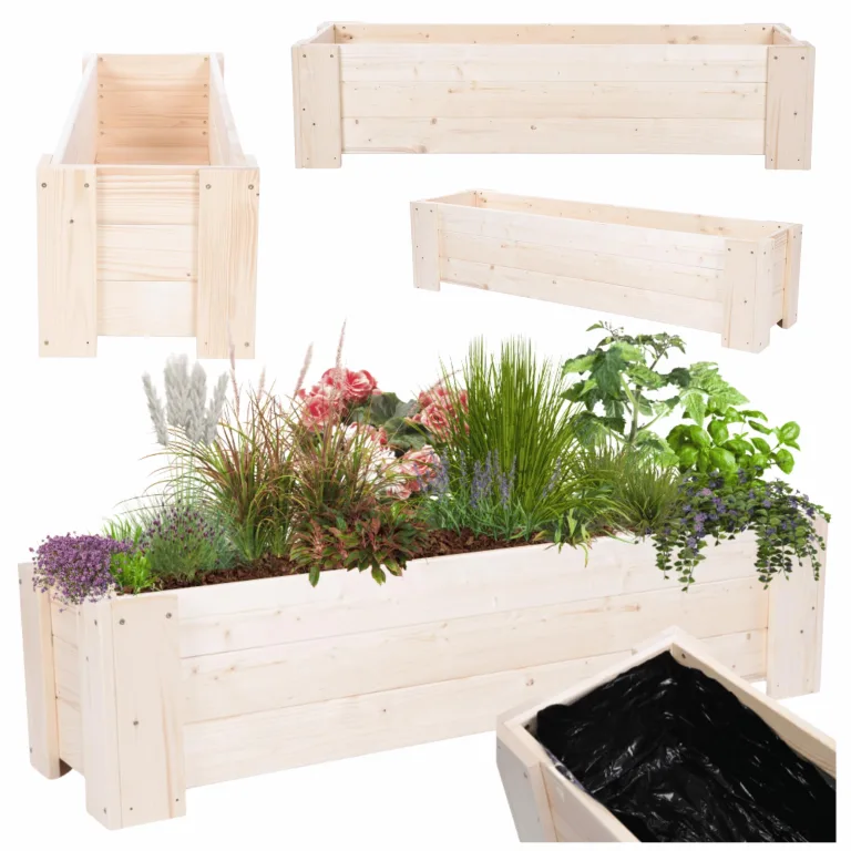 Pflanzkübel aus Holz, Hochbeet mit Schutzfolie, Kiefernholz Pflanzkasten Blumenkasten für Outdoor Garten Terrasse Balkon, Natürlich, Stabil & Dekorativ, 30x117x33 cm Farbe: Natur unbehandelt – Bild 1