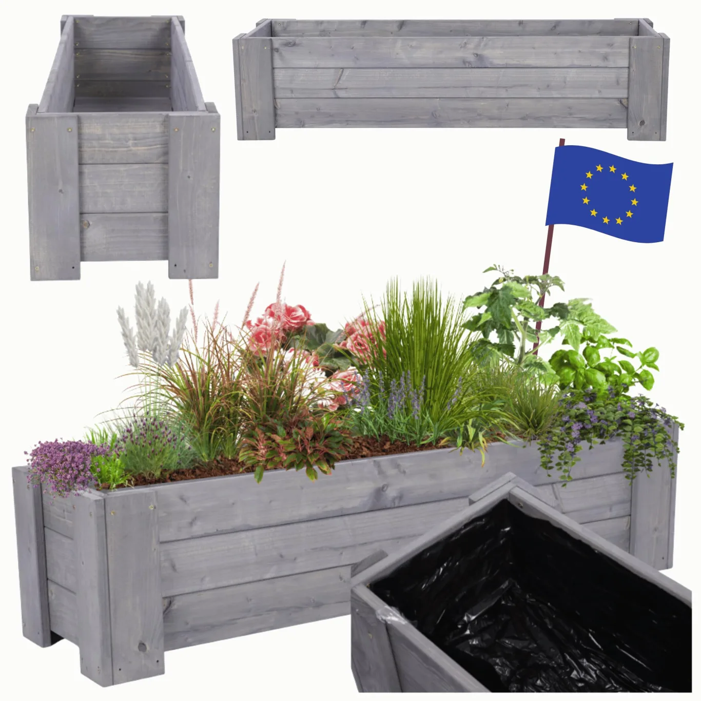 Pflanzkübel aus Holz, Hochbeet mit Schutzfolie, Kiefernholz Pflanzkasten Blumenkasten für Outdoor Garten Terrasse Balkon, Wetterfest, Stabil & Dekorativ, 30x137x33 cm Farbe: Grau imprägniert - Bild 1