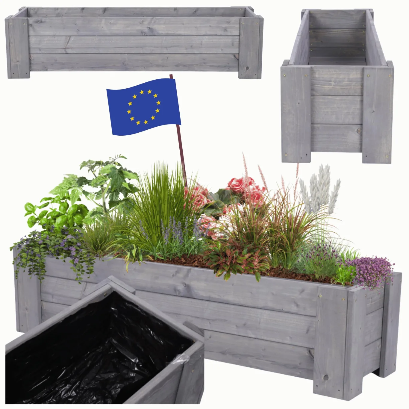 Pflanzkübel aus Holz, Hochbeet mit Schutzfolie, Kiefernholz Pflanzkasten Blumenkasten für Outdoor Garten Terrasse Balkon, Wetterfest, Stabil & Dekorativ, 30x117x33 cm Farbe: Grau imprägniert - Bild 1