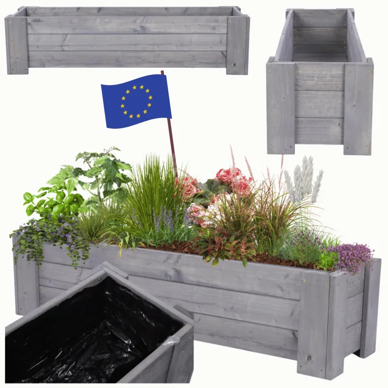 Pflanzkübel aus Holz, Hochbeet mit Schutzfolie, Kiefernholz Pflanzkasten Blumenkasten für Outdoor Garten Terrasse Balkon, Wetterfest, Stabil & Dekorativ, 30x117x33 cm Farbe: Grau imprägniert – Bild 1