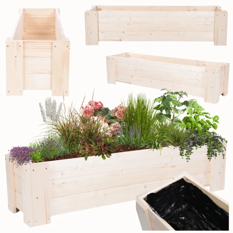 Pflanzkübel aus Holz, Hochbeet mit Schutzfolie, Kiefernholz Pflanzkasten Blumenkasten für Outdoor Garten Terrasse Balkon, Natürlich, Stabil & Dekorativ, 30x100x33 cm Farbe: Natur unbehandelt – Bild 1