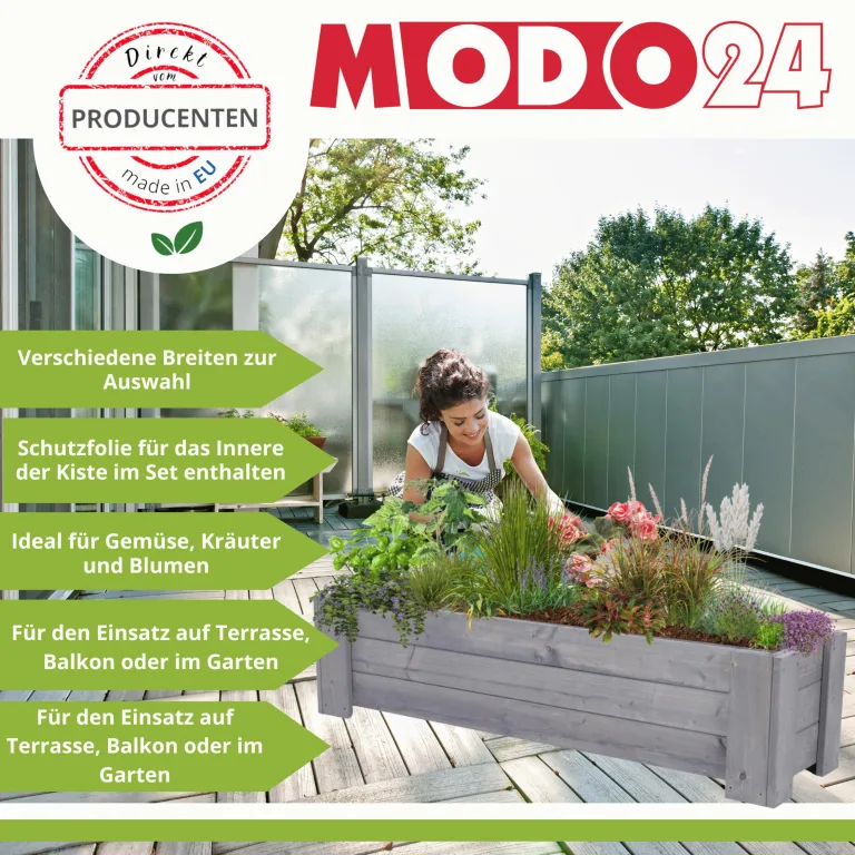 Pflanzkübel aus Holz, Hochbeet mit Schutzfolie, Kiefernholz Pflanzkasten Blumenkasten für Outdoor Garten Terrasse Balkon, Wetterfest, Stabil & Dekorativ, 30x100x33 cm Farbe: Grau imprägniert – Bild 3