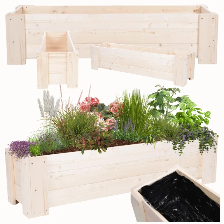 Pflanzkübel aus Holz, Hochbeet mit Schutzfolie, Kiefernholz Pflanzkasten Blumenkasten für Outdoor Garten Terrasse Balkon, Natürlich, Stabil & Dekorativ, 30x137x33 cm Farbe: Natur unbehandelt – Bild 1