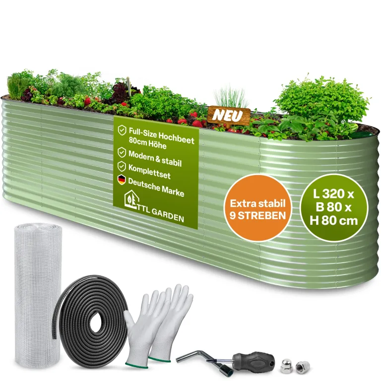 TTL GARDEN 320x80x80cm Nature XL Metall Hochbeet Salbei-Grün - Stahl rostfrei verzinkt & lackiert Wellblech oval 80cm hoch sehr stabil Garten Beet für Gemüse Kräuter Blumen Gartenbeet Gemüsebeet