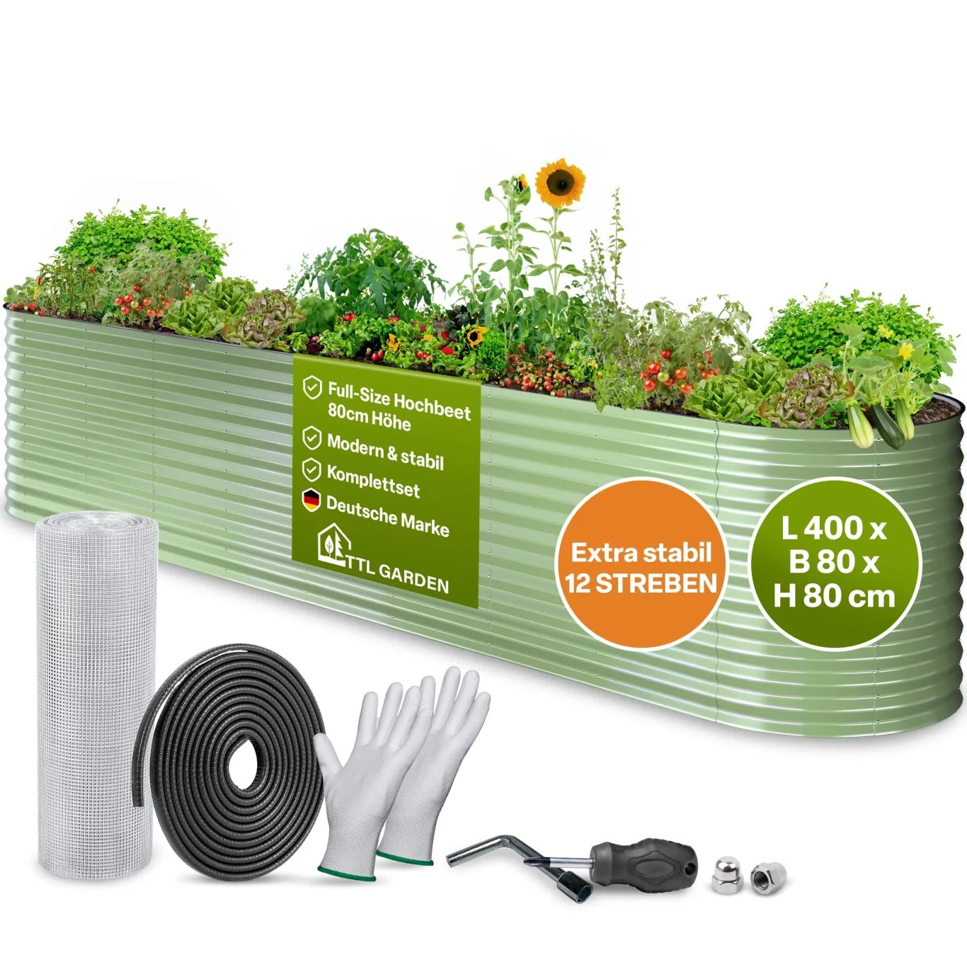 TTL GARDEN 400x80x80cm Nature XXL Metall Hochbeet Salbei-Grün - Stahl rostfrei verzinkt & lackiert Wellblech oval 80cm hoch sehr stabil Garten Beet für Gemüse Kräuter Blumen Gartenbeet Gemüsebeet - Bild 1