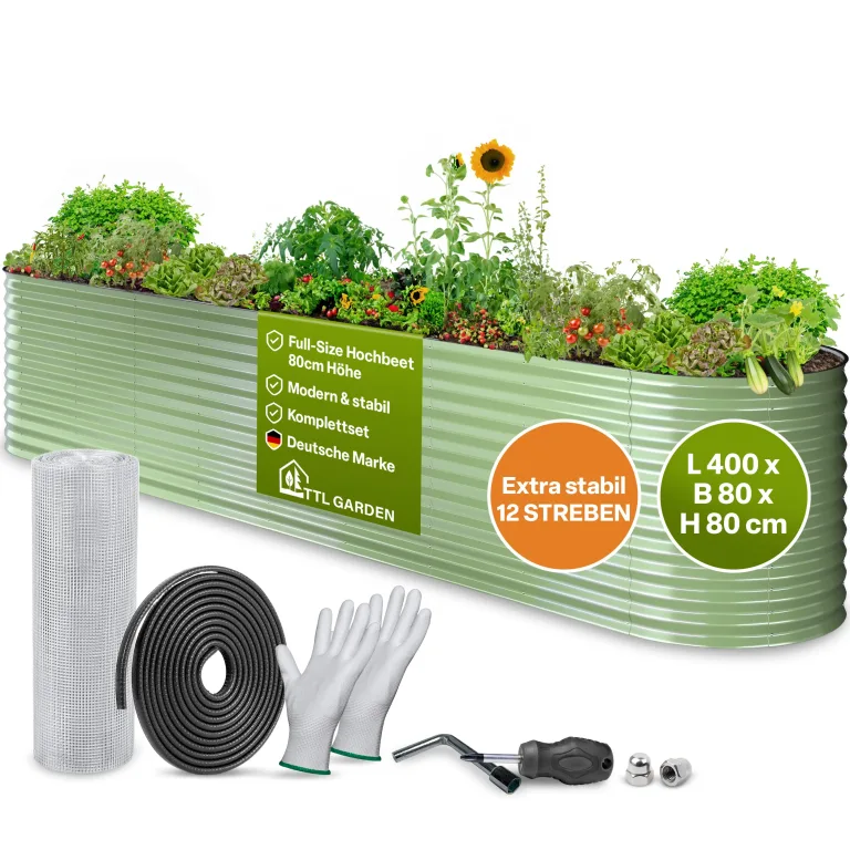 TTL GARDEN 400x80x80cm Nature XXL Metall Hochbeet Salbei-Grün - Stahl rostfrei verzinkt & lackiert Wellblech oval 80cm hoch sehr stabil Garten Beet für Gemüse Kräuter Blumen Gartenbeet Gemüsebeet – Bild 1