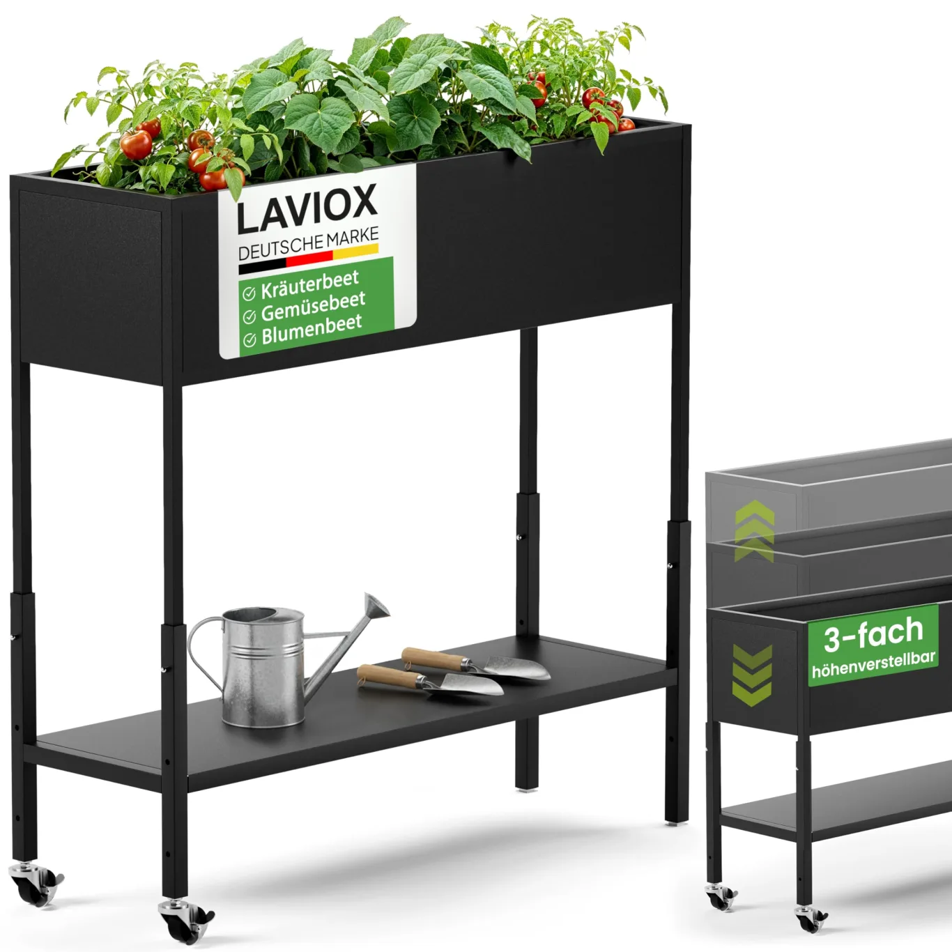 LAVIOX 3-Fach höhenverstellbares rollbares Hochbeet | Pflanzenständer | aus Metall in schwarz – B 80cm, T 25cm, H 60/70/80 cm – rostfrei, wetterfest, Indoor/Outdoor, für Gemüse, Kräuter, Pflanzen - Bild 1