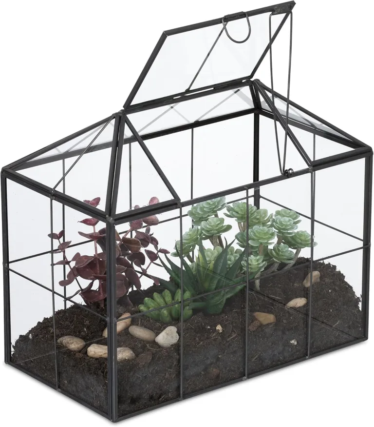 Relaxdays Pflanzenterrarium, Glas & Zinn, Deko Glashaus für Kakteen & Moos, Glaskasten für Fensterbank, schwarz
