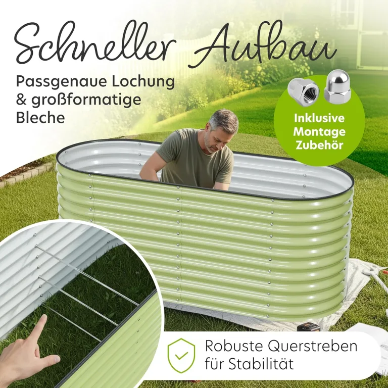 Hochbeet Metall 200x80x78 cm I Gartenbeet aus verzinktem Stahl I Pflanzbeet wetterfest & rostfrei I Ovales Gemüsebeet für Garten & Terasse I Hochbeet Bausatz ohne Boden (Salbei) – Bild 4