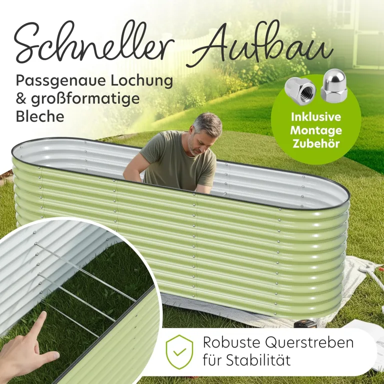 Hochbeet Metall 260x80x78 cm I Gartenbeet aus verzinktem Stahl I Pflanzbeet wetterfest & rostfrei I Ovales Gemüsebeet für Garten & Terasse I Hochbeet Bausatz ohne Boden (Salbei) – Bild 4