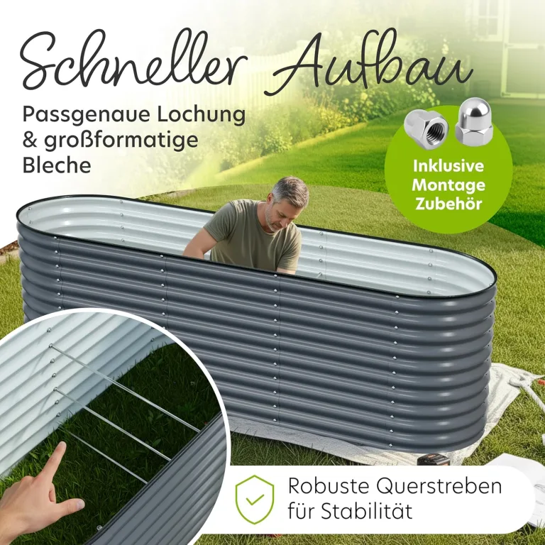 Hochbeet Metall 260x80x78 cm I Gartenbeet aus verzinktem Stahl I Pflanzbeet wetterfest & rostfrei I Ovales Gemüsebeet für Garten & Terasse I Hochbeet Bausatz ohne Boden (Anthrazit) – Bild 4