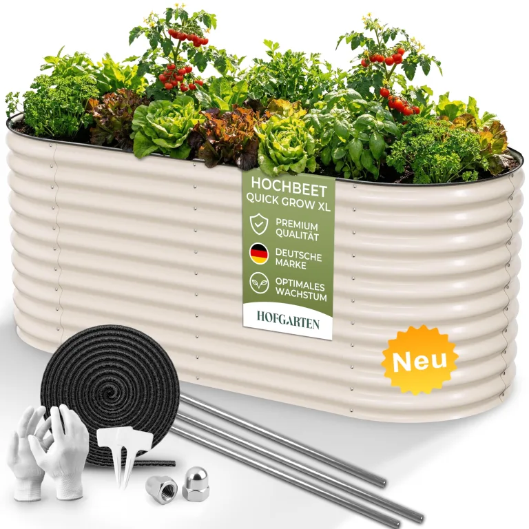 HOFGARTEN Hochbeet Metall 200x80x78 cm - Hochwertiges Gartenbeet aus Zn-Al-Mg Stahl - wetterfest & rostgeschützt - Ergonomisches Gärtnern - Modell QuickGrow XL (Cremeweiß) – Bild 1