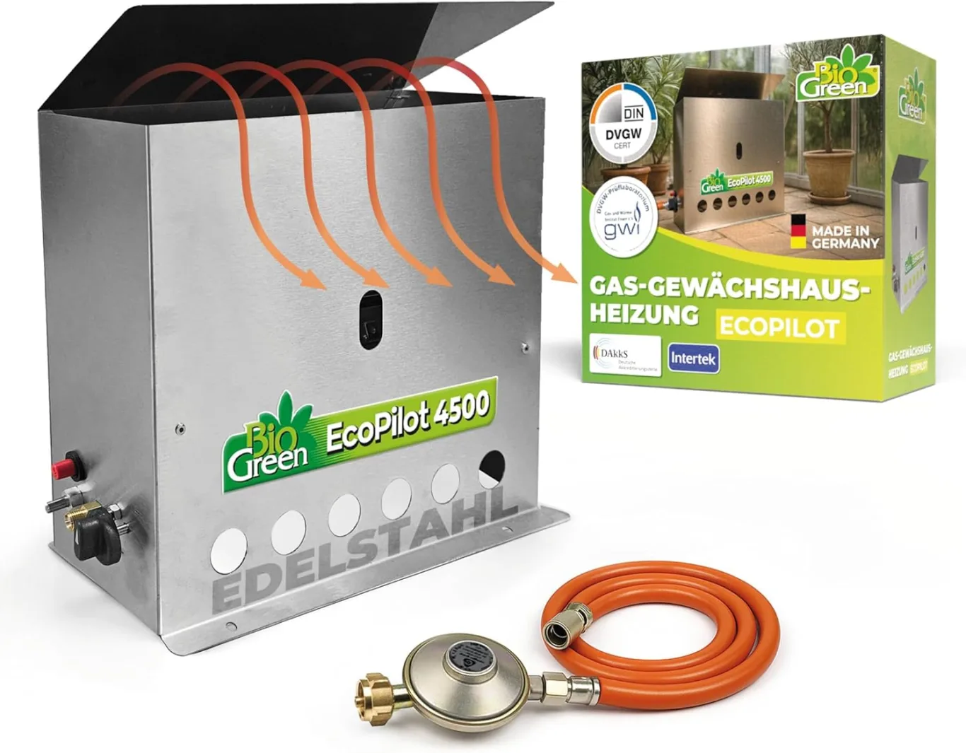 Bio Green Gas-gewächshausheizung EcoPilot, 4500 Watt, Silber, Thermostat-Regelbereich: 0° – 20° C, Edelstahl, Outdoor, Gas, 38x17x40 cm, für Gewächshäuser bis 22m², Bodenmontage - Bild 1