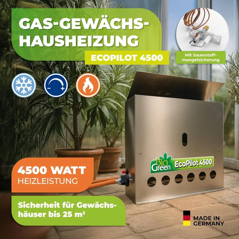 Bio Green Gas-gewächshausheizung EcoPilot, 4500 Watt, Silber, Thermostat-Regelbereich: 0° – 20° C, Edelstahl, Outdoor, Gas, 38x17x40 cm, für Gewächshäuser bis 22m², Bodenmontage – Bild 2