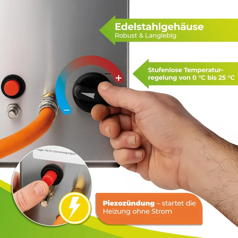 Bio Green Gas-gewächshausheizung EcoPilot, 4500 Watt, Silber, Thermostat-Regelbereich: 0° – 20° C, Edelstahl, Outdoor, Gas, 38x17x40 cm, für Gewächshäuser bis 22m², Bodenmontage – Bild 3