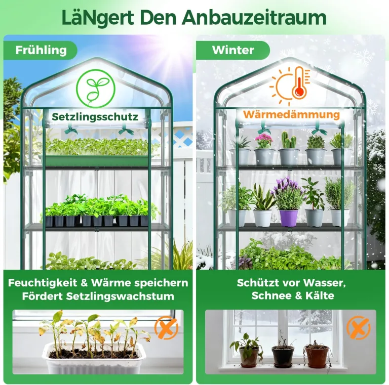 Ohuhu Gewächshaus klein Premium Foliengewächshaus mit Verriegelungsräder, Folien Treibhaus mit 4 Regalen Anzuchthaus Treibhaus Platzsparend Frühbeet für Balkon Garten 69x48x162 cm Transparent – Bild 4
