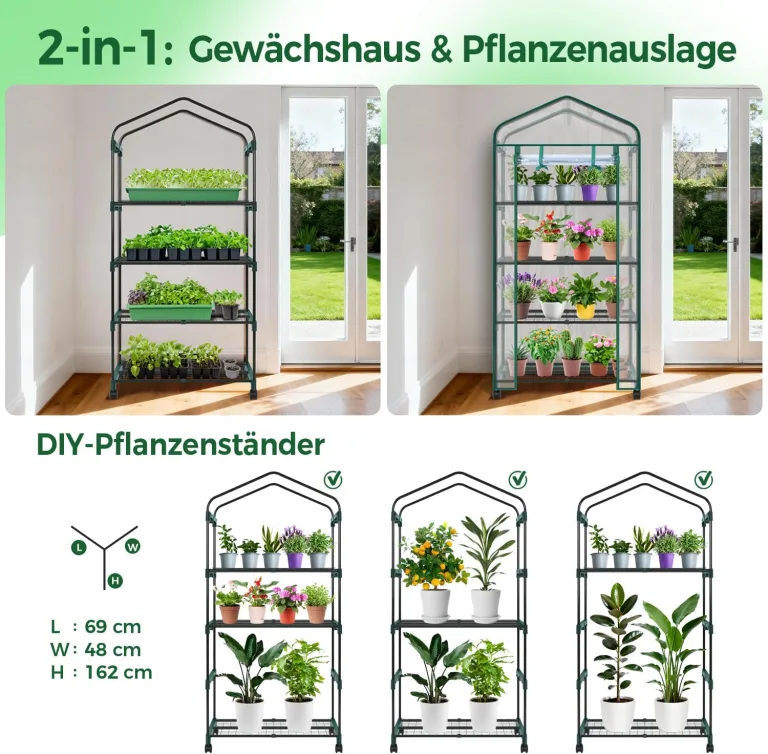 Ohuhu Gewächshaus klein Premium Foliengewächshaus mit Verriegelungsräder, Folien Treibhaus mit 4 Regalen Anzuchthaus Treibhaus Platzsparend Frühbeet für Balkon Garten 69x48x162 cm Transparent – Bild 8