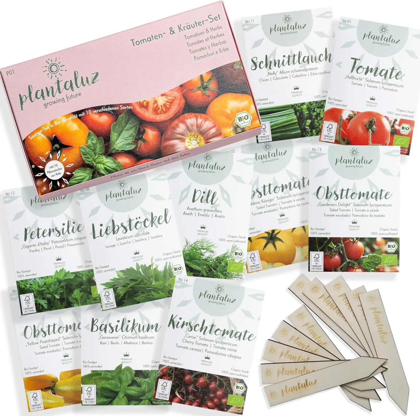 Plantaluz Bio Premium Saatgut Set P01 – 10 Sorten Tomaten & Kräuter Anzuchtset für Garten, Balkon & Indoor – inkl. FSC-Pflanzstäbchen – samenfestes, ungebeiztes & gentechnikfreies Saatgut - Bild 1