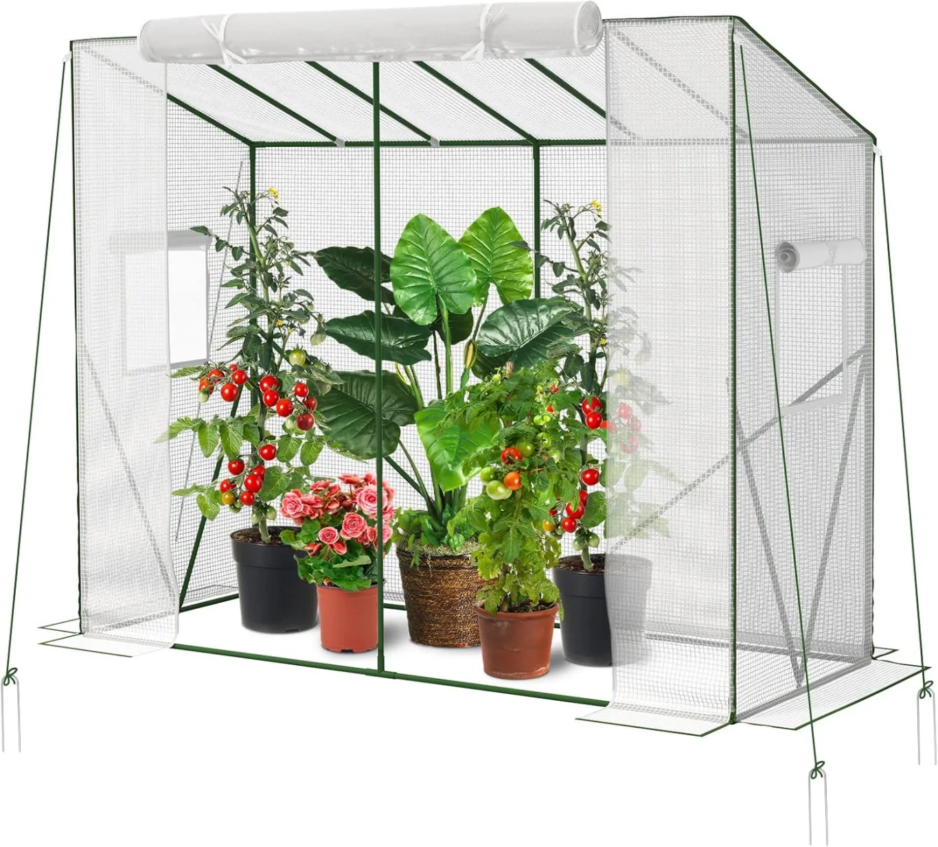 Velway Tomaten Gewächshaus Foliengewächshaus Stabil - 208x81x170/141cm Winterfest Tomatenhaus Schrägdach Garten Treibhaus mit PE Gitterfolie, Belüftungsfenster, Erdanker und Winddichten Seile - Weiß - Bild 1