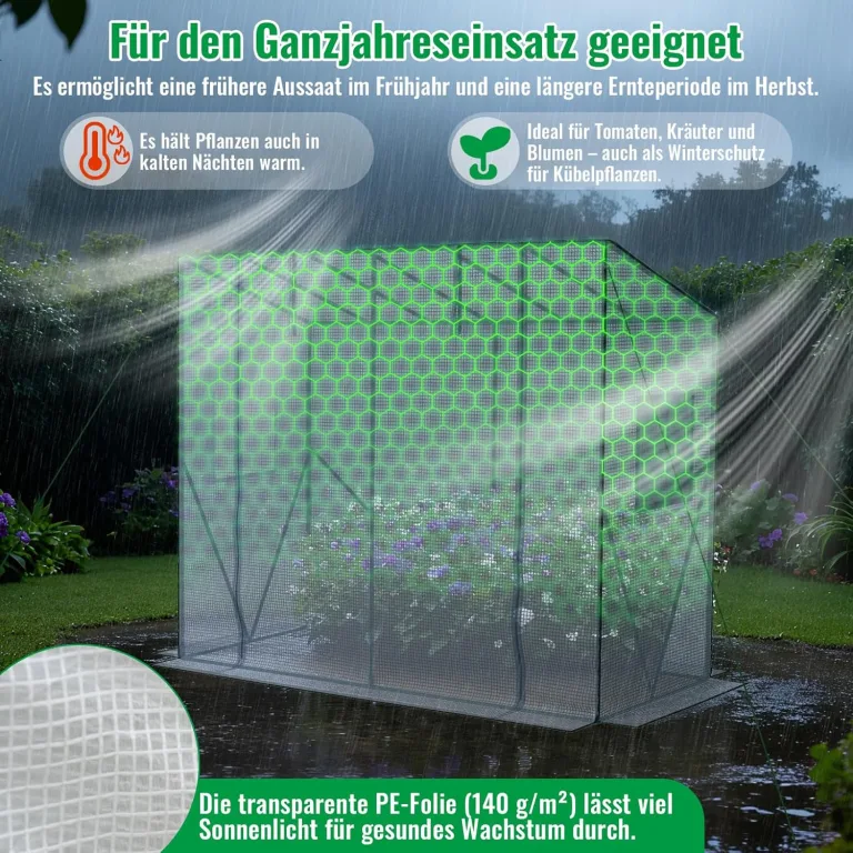 Velway Tomaten Gewächshaus Foliengewächshaus Stabil - 208x81x170/141cm Winterfest Tomatenhaus Schrägdach Garten Treibhaus mit PE Gitterfolie, Belüftungsfenster, Erdanker und Winddichten Seile - Weiß – Bild 2