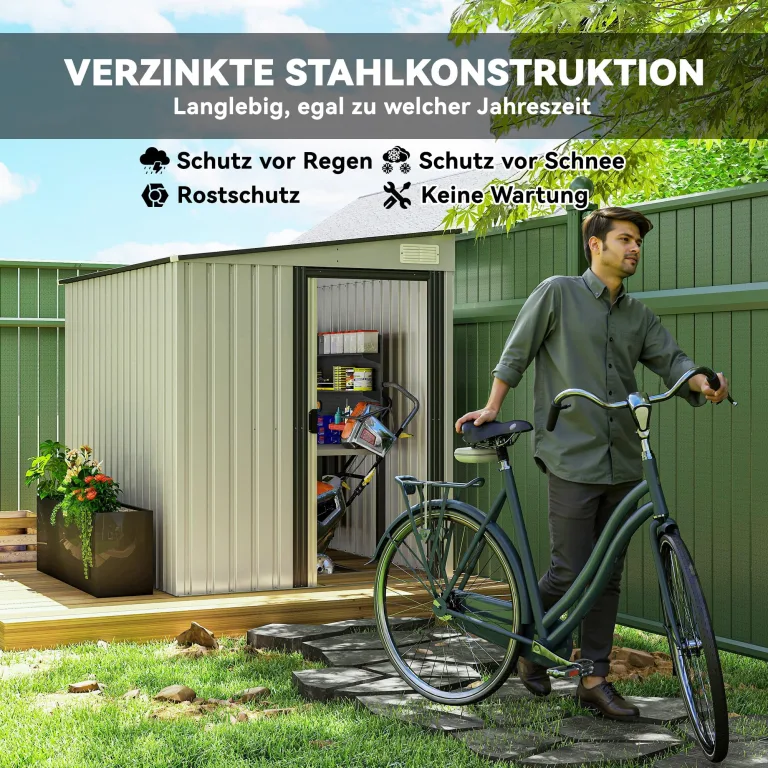 Outsunny Metall Gerätehaus 2,81m² 154x206,5x181 cm Geräteschuppen mit Pultdach Fundament Schiebetür wetterfest Gartenhaus Outdoor Garten Schuppen Schrank für Hinterhof Außenbereich Weiß – Bild 3