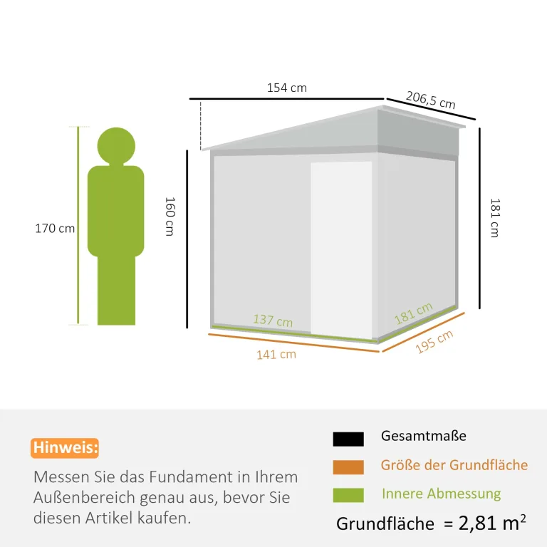 Outsunny Metall Gerätehaus 2,81m² 154x206,5x181 cm Geräteschuppen mit Pultdach Fundament Schiebetür wetterfest Gartenhaus Outdoor Garten Schuppen Schrank für Hinterhof Außenbereich Weiß – Bild 7